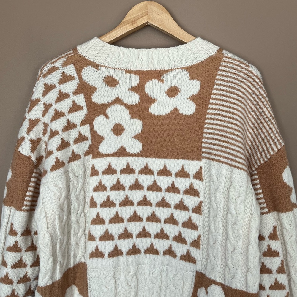 {&merci} Knit Patchwork Sweater with Floral and Cable Knit Design - Womens Small - Picture 7 of 10
